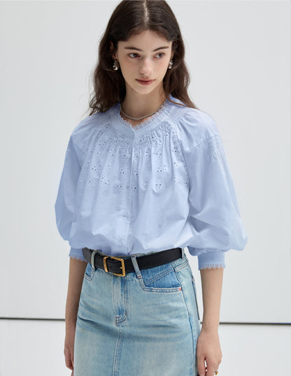 Embroidered Balloon Sleeve Blouse And Denim Skirt