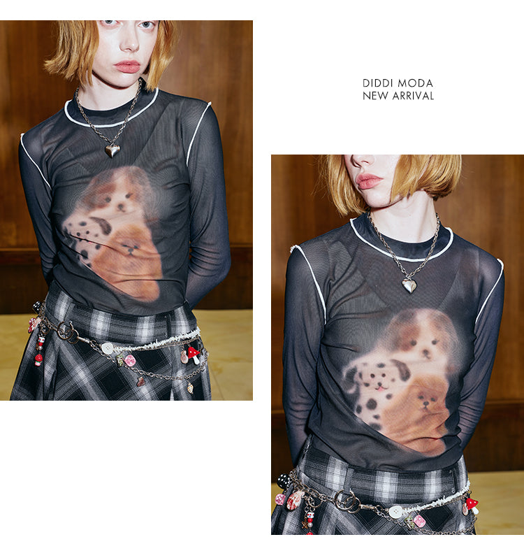 Piping Puppy Print Semi Sheer Top