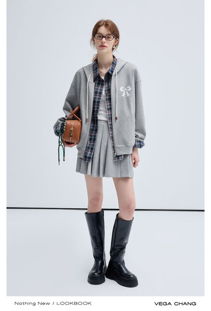 Bow Print Relax Fit Hoodie And Pleated Mini Skirt