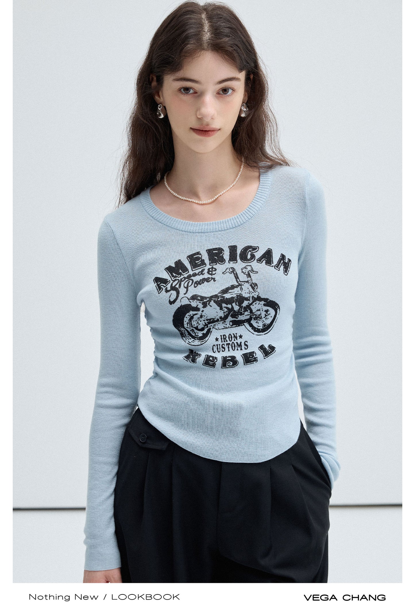 Motorbike Print Side Gather Knit Top