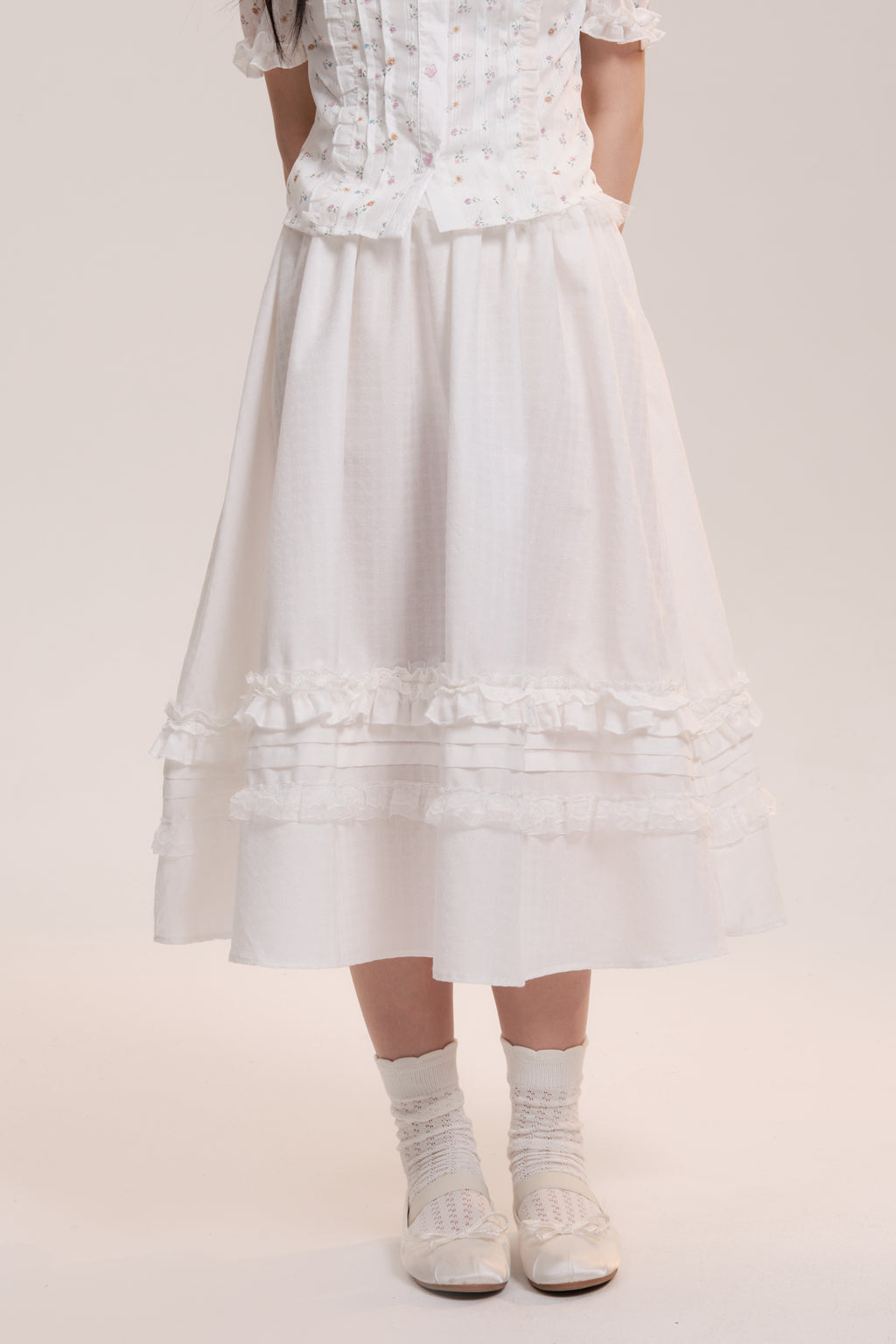 High Waist Lace Frilled Zip Up Flare Long Skirt