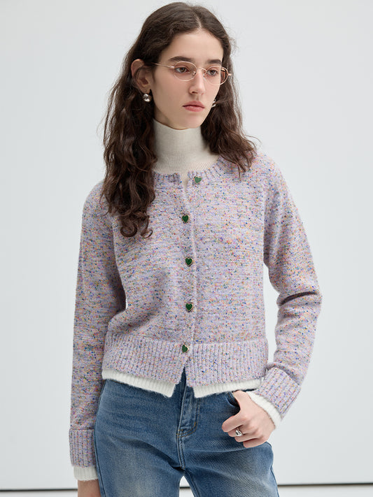 Mohair Blend Dot Knit Cardigan With Heart Buttons