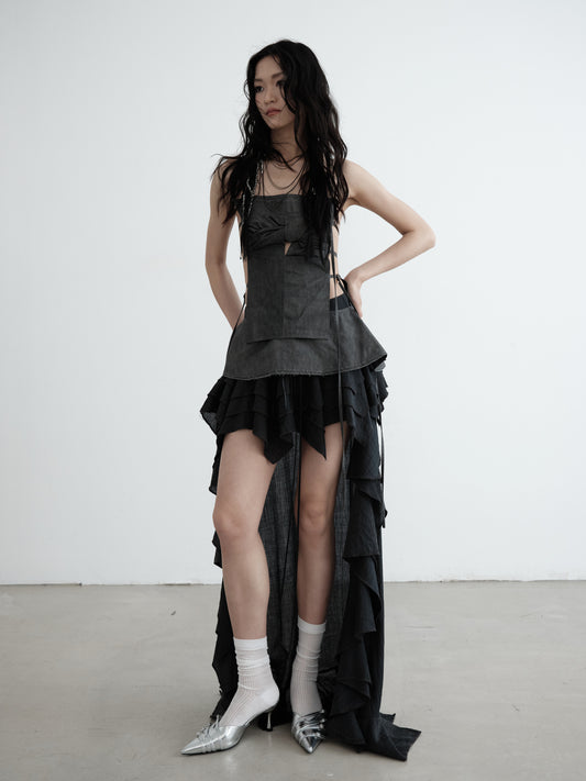 Long-Tailed Asymmetrical Lace-Up Ruffle Skirt