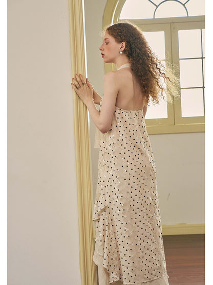 Sequin Polka Dot Belt-Style Halter Asymmetrical Long Dress