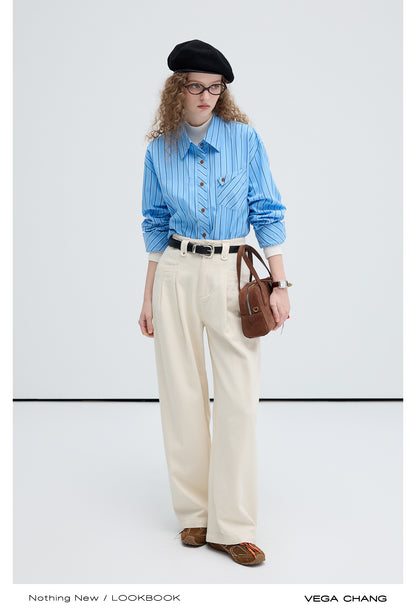 High Waist Wide Leg Double Pleated Cotton Slacks