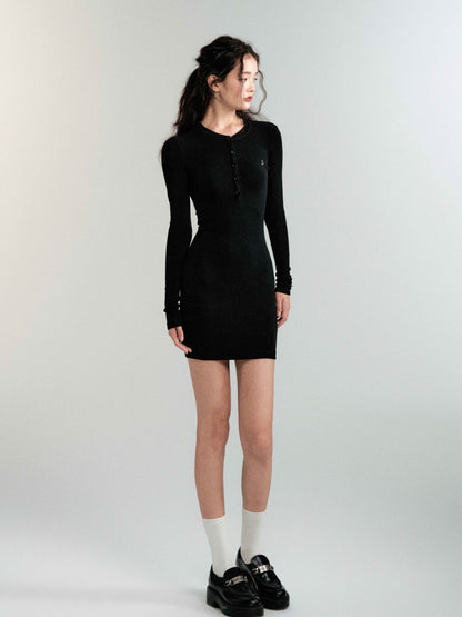 Simple Henley Neck Slim Fit Knit Mini Dress