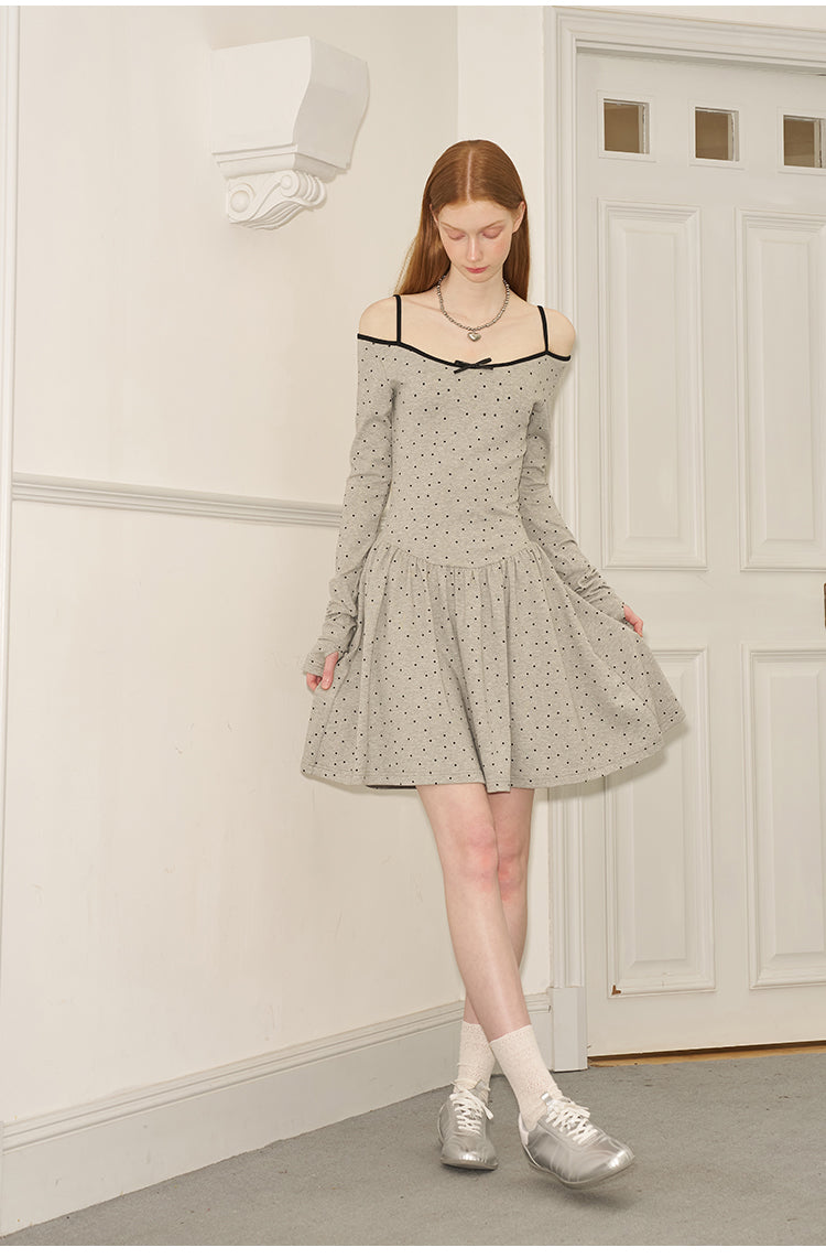 Polka Dot Off-Shoulder Glove Sleeve Short Dress