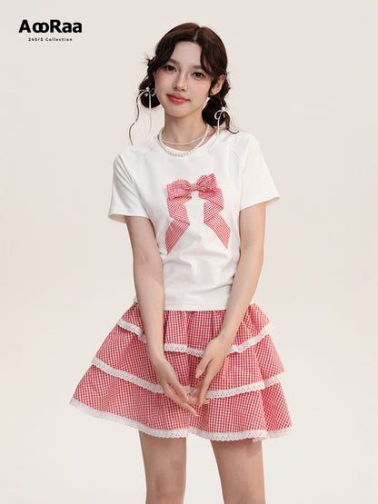 Checkered Three Dimensional Bow Round Neck T-Shirt