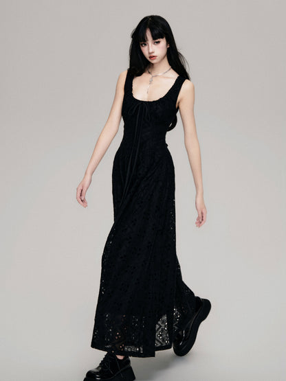 Eyelet Embroidered Lace Gathered Neck Long Dress