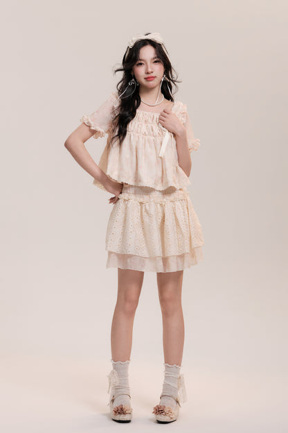 Floral Shirred Blouse And Short Eyelet Lace Skirt