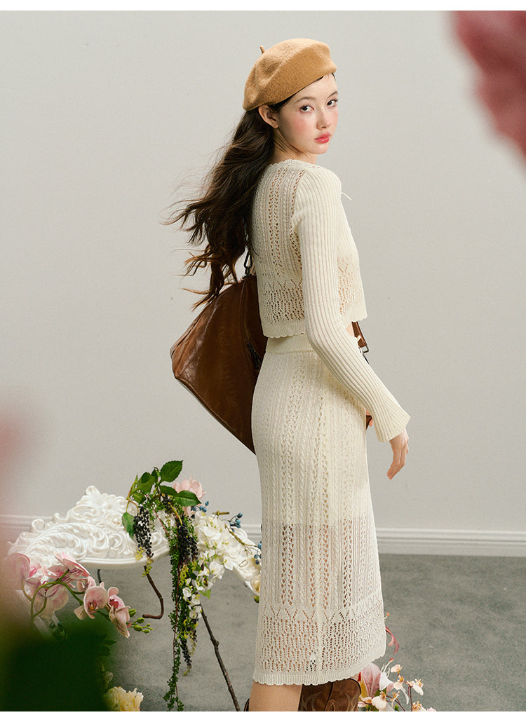 Cropped Eyelet Knit Cardigan And Midi Skirt Outfit