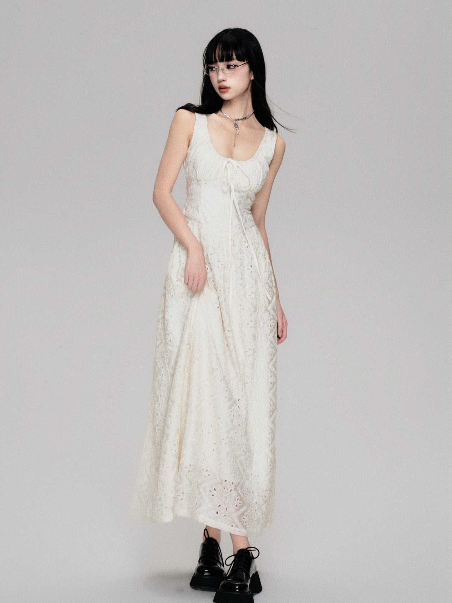 Eyelet Embroidered Lace Gathered Neck Long Dress