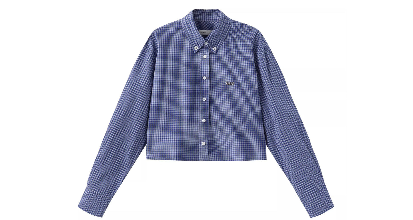 Small Plaid Cropped Cotton Button-Down Shirt