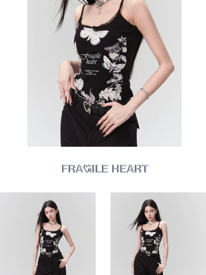 Butterfly Print Lace Trimmed Elastic Camisole Top