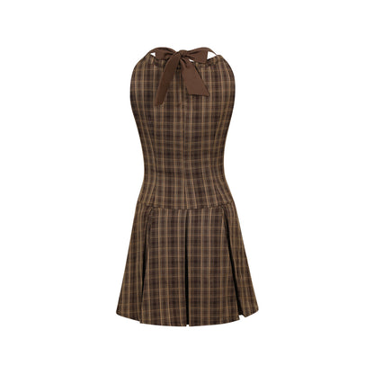 Two-Way Straps Plaid Pleated A-Line Dress