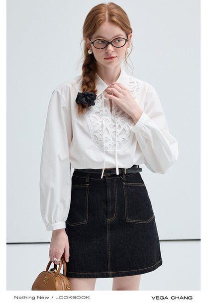 Tie Neck Blouse, High Waist A-Line Denim Skirt