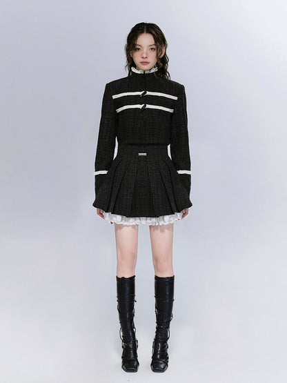 Dual Closure Tweed Jacket And Pleated Frill Skirt