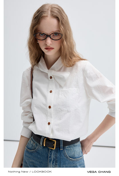 Asymmetric Bow Tie Wrinkle Textured Chic Shirt