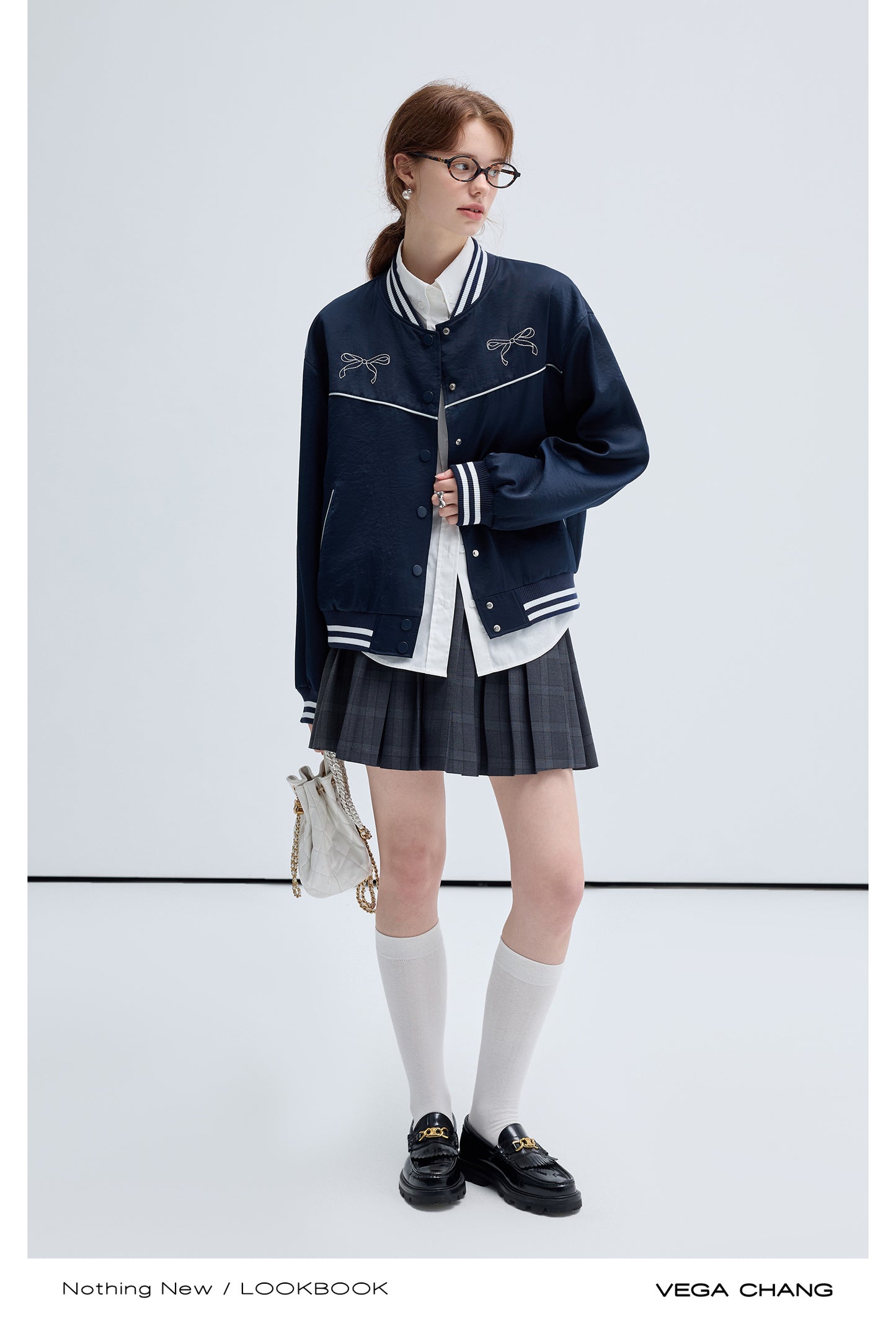 Bow Motif Embroidery Sporty Casual Varsity Jacket