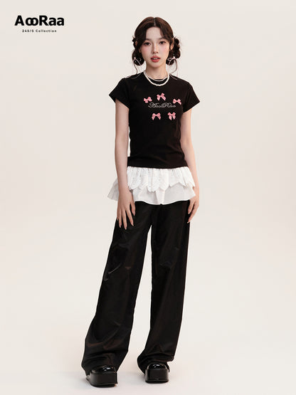 Frilled Lace Waist Straight Leg Trousers