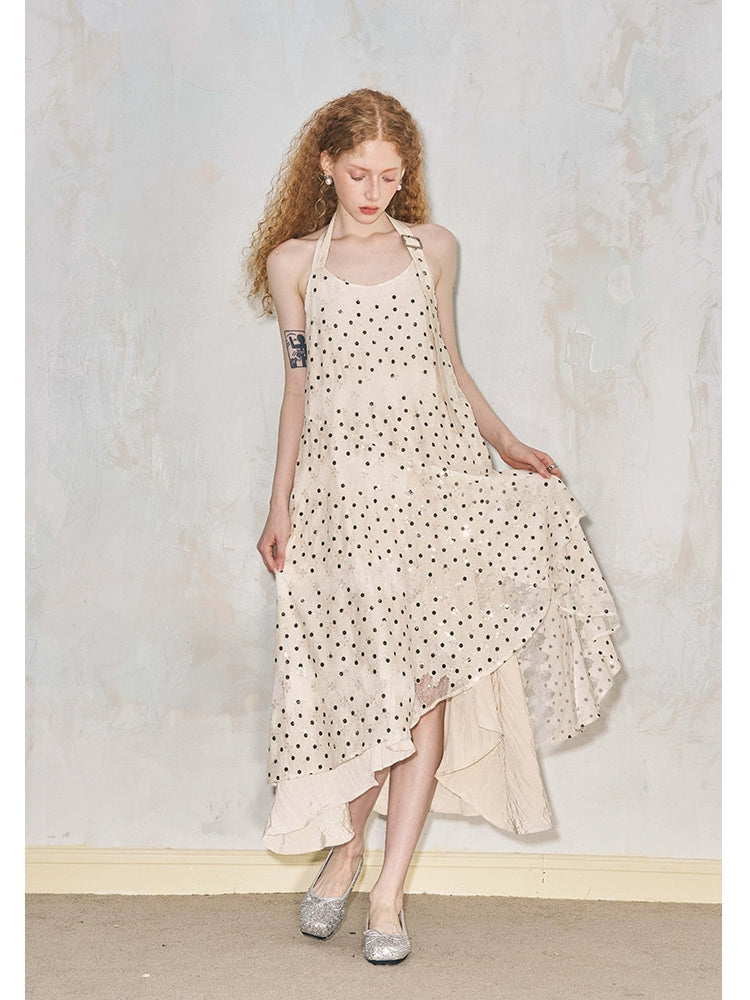 Sequin Polka Dot Belt-Style Halter Asymmetrical Long Dress