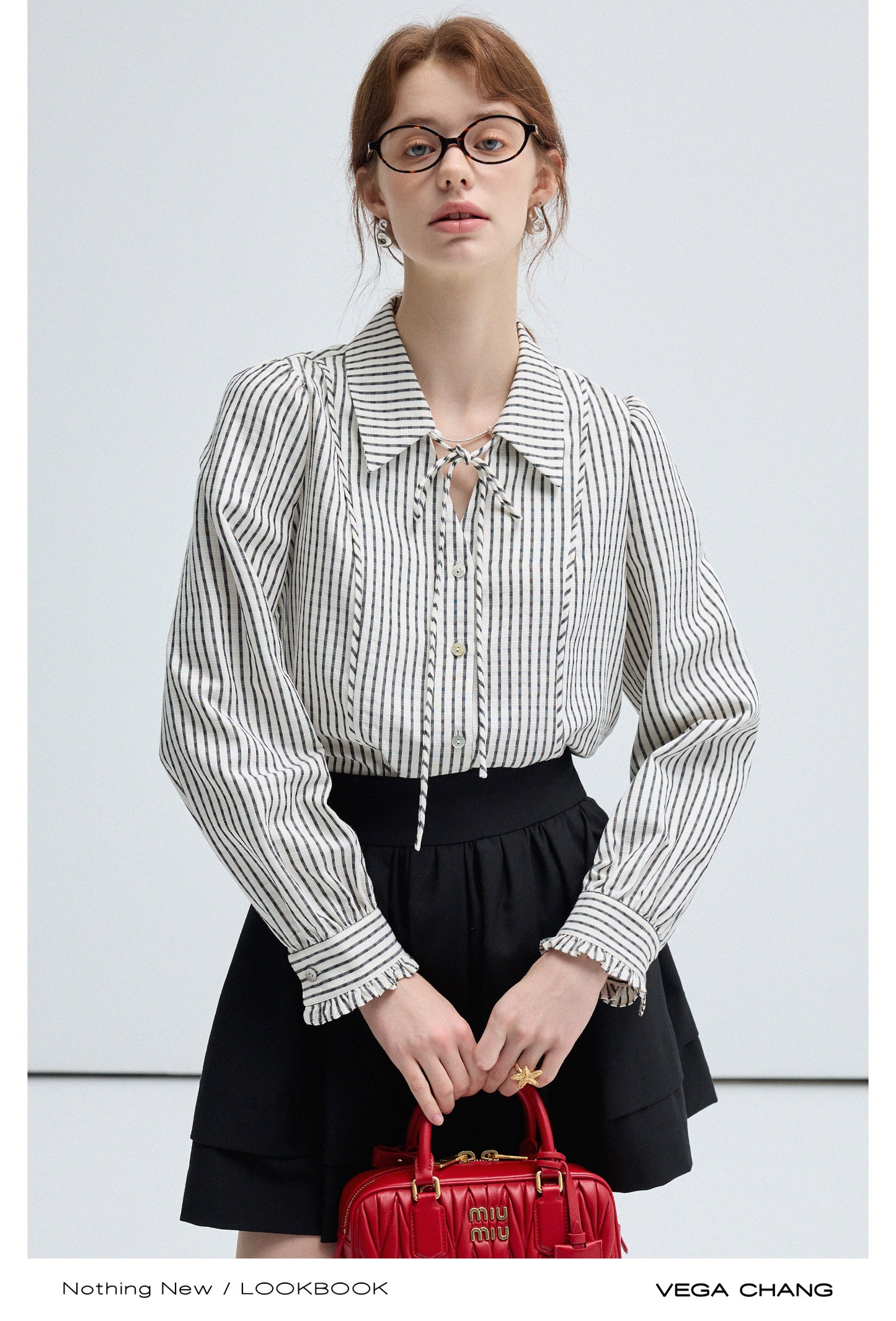 Tie Neck Frill Cuff Contrast Striped Blouse