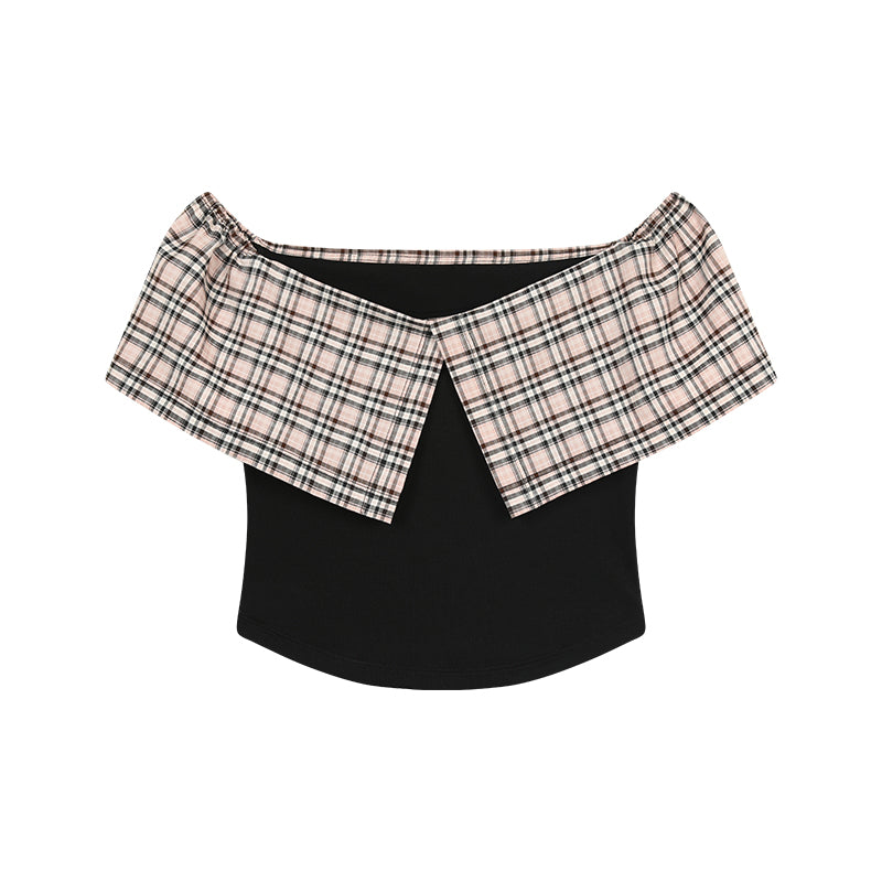 Plaid Off-Shoulder Rib Top And Frilled Zip Skirt