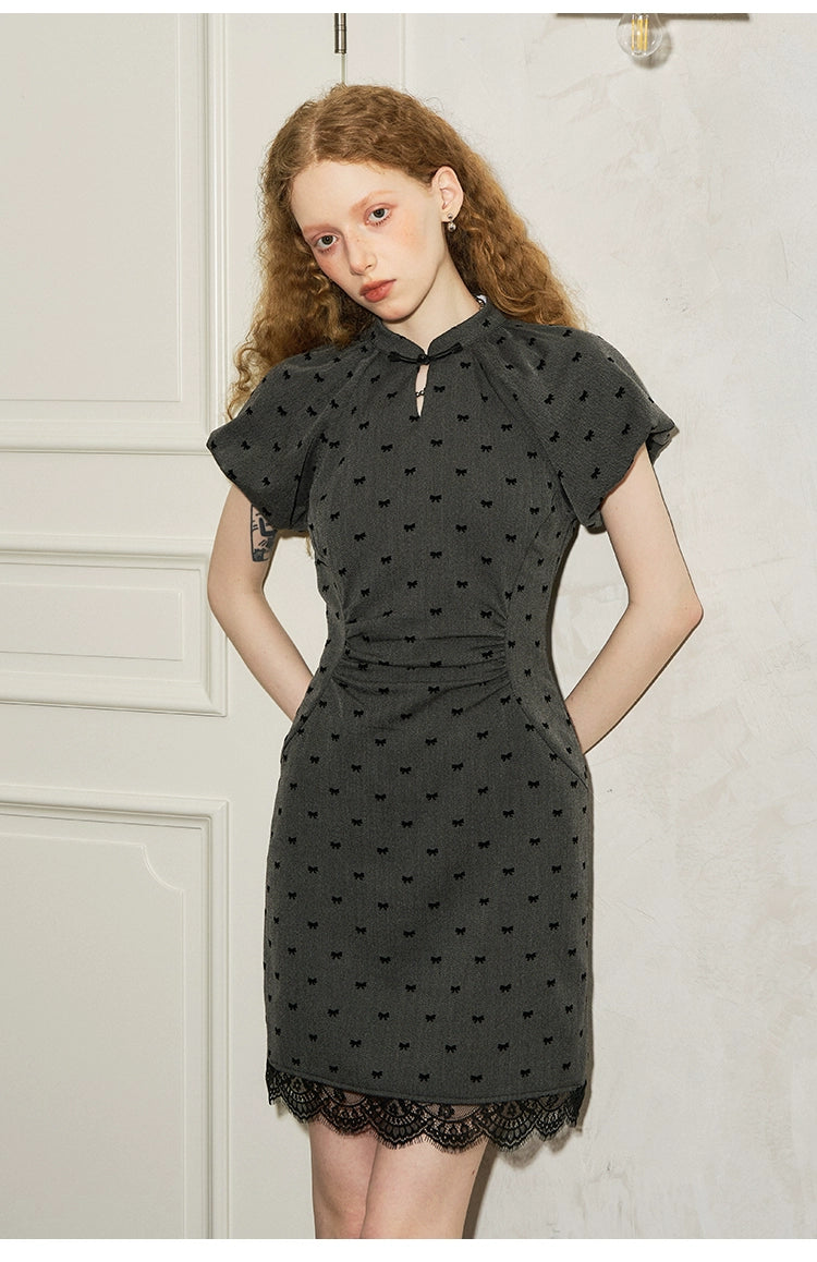 Qipao Style Mini Dress With Bow Pattern And Balloon Sleeves