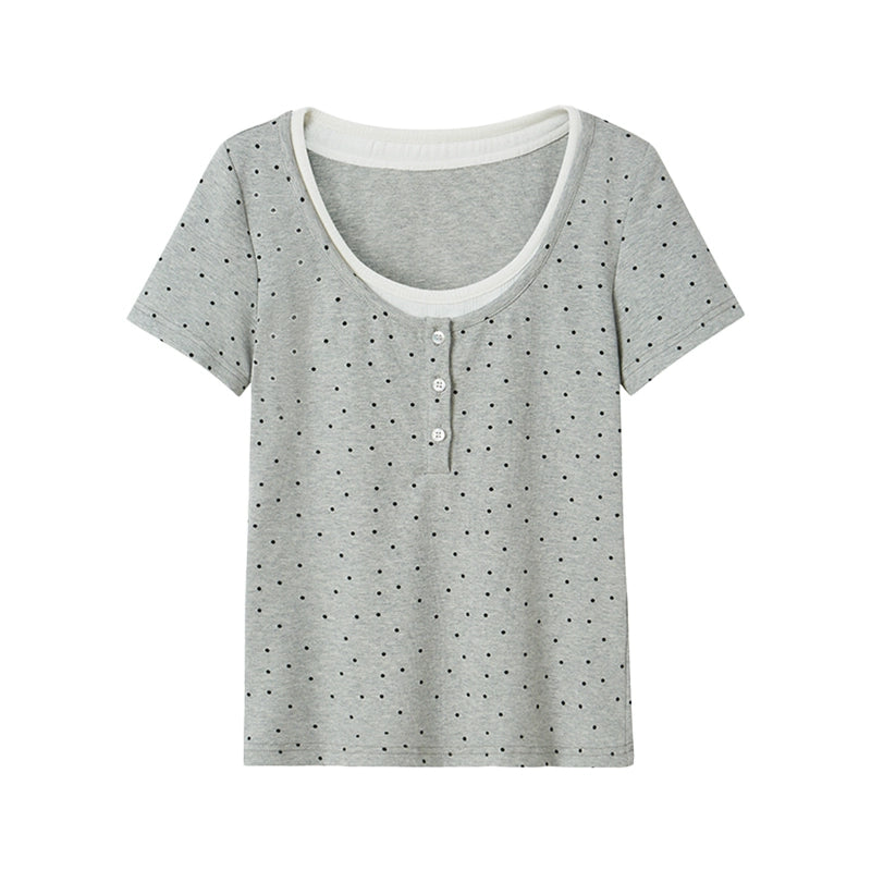 Polka Dot Contrast Faux Two-Piece Henley Neck T-Shirt