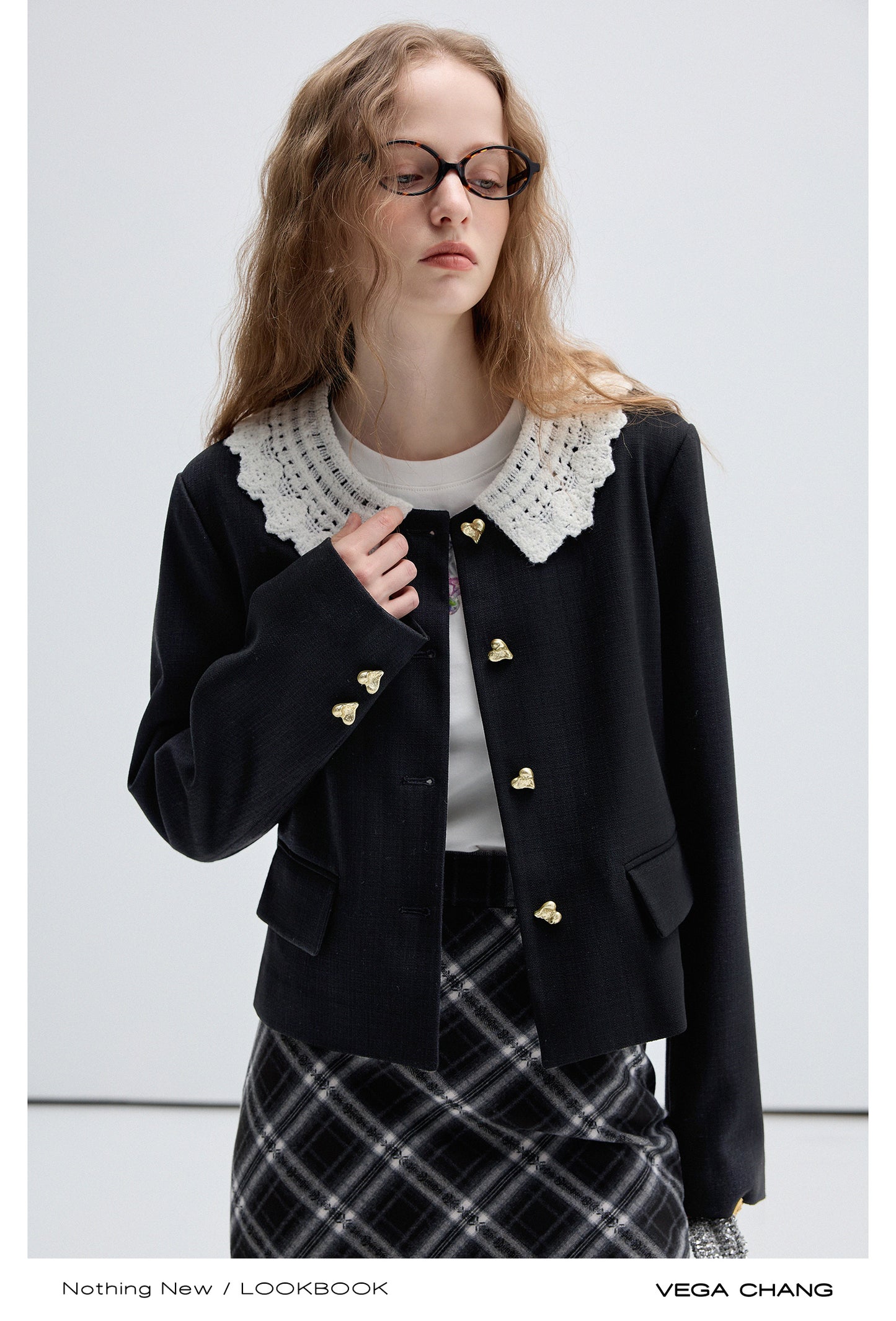 Heart Button Lace Collar Jacket, Bias Plaid Skirt