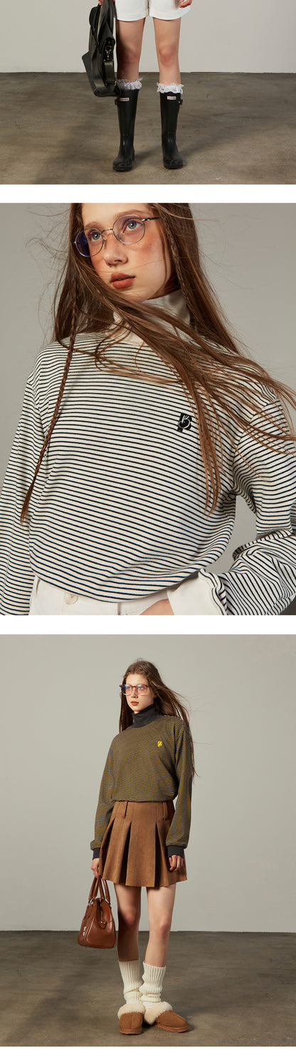 High Neck Elbow Patch Striped Shirt