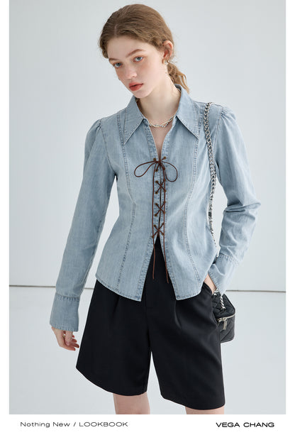 Gathered Princess Sleeve Lace-Up Denim Shirt