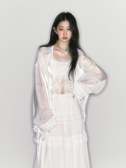 Luminous Loose Fit Long Sheer Ribbon Shirt