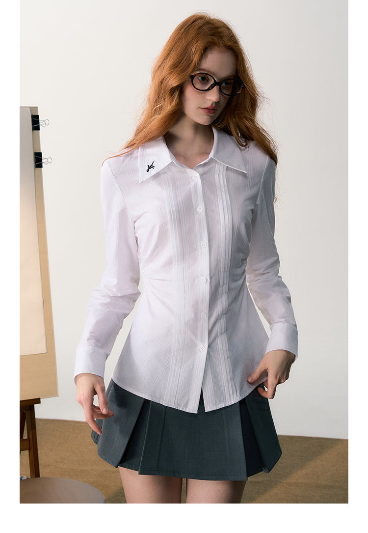 Pin Tuck Embroidery Fitted Cotton Shirt