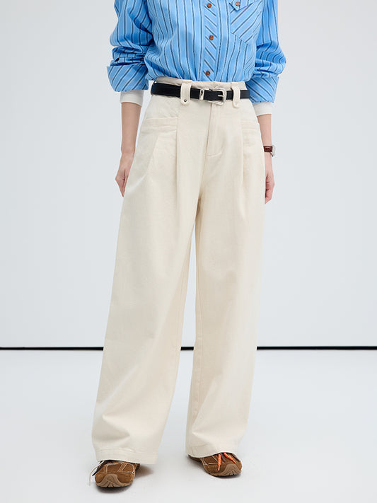 High Waist Wide Leg Double Pleated Cotton Slacks