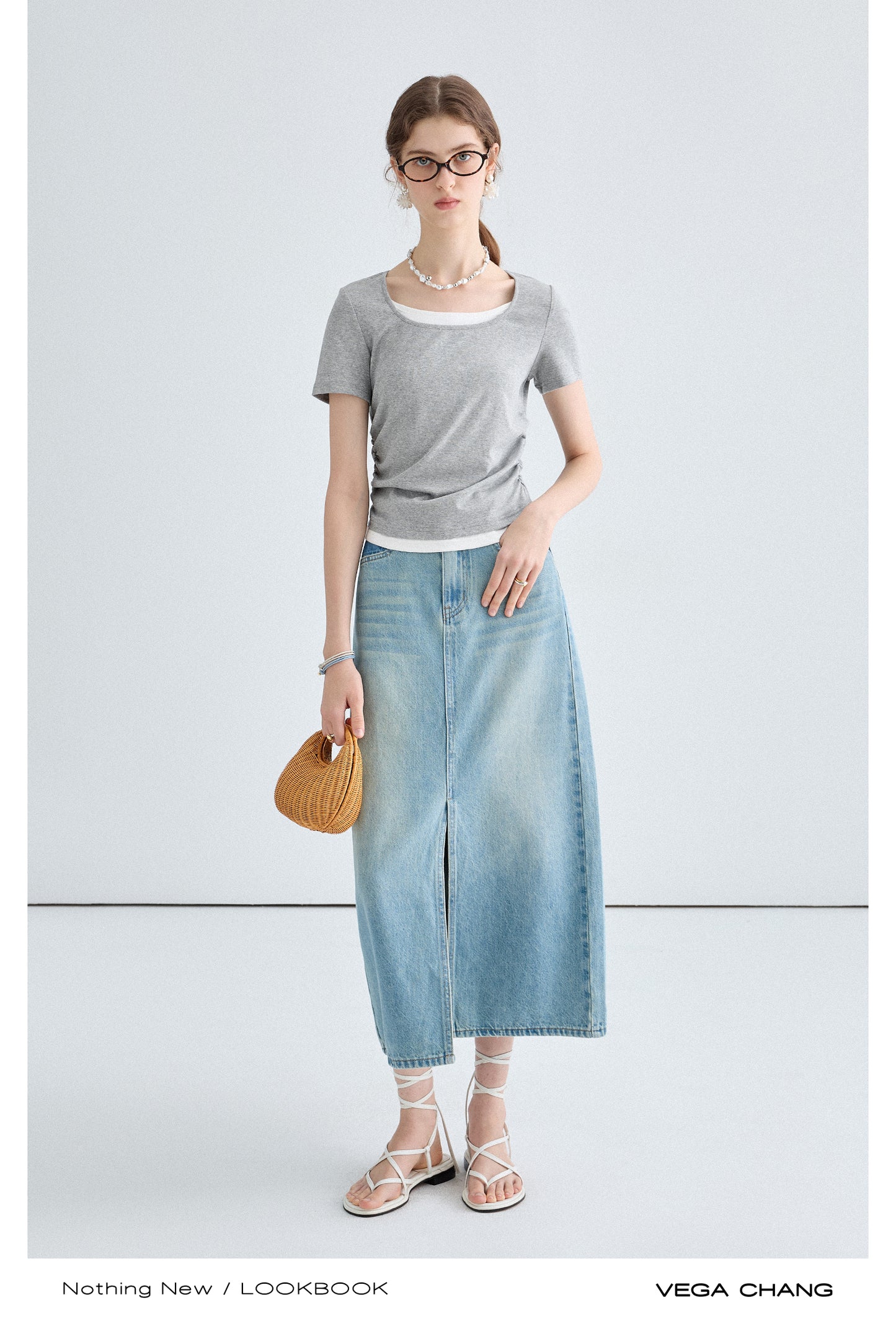 Faux Layered T-Shirt And Long Washed Denim Skirt