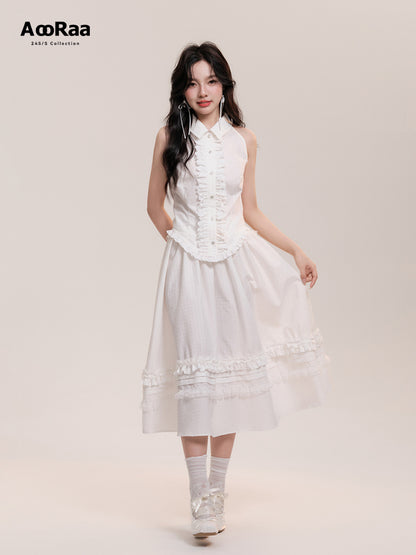 Sleeveless Frilled Lace Placket Round Hem Shirt