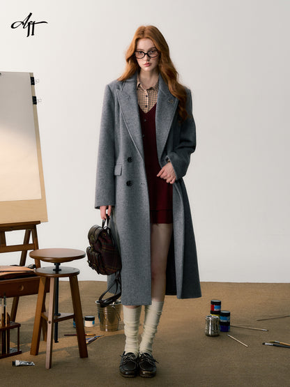 Classic Wool Blend Double-Breasted Coat With Charm