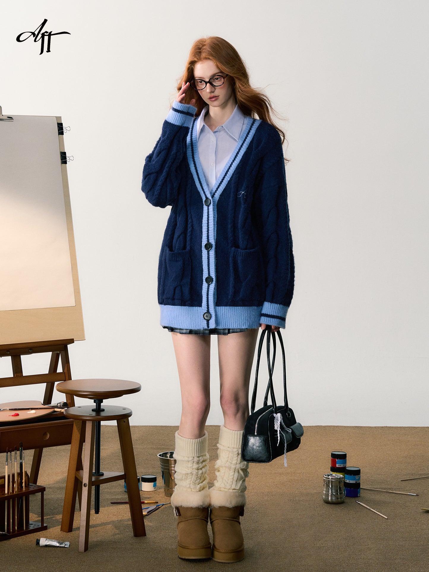 College Style V-Neck Cotton Touch Knit Cardigan