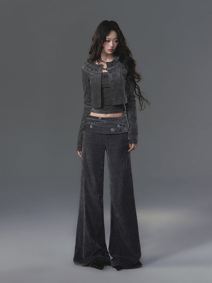 Printed Waist Wide-Leg Velvet Chenille Pants