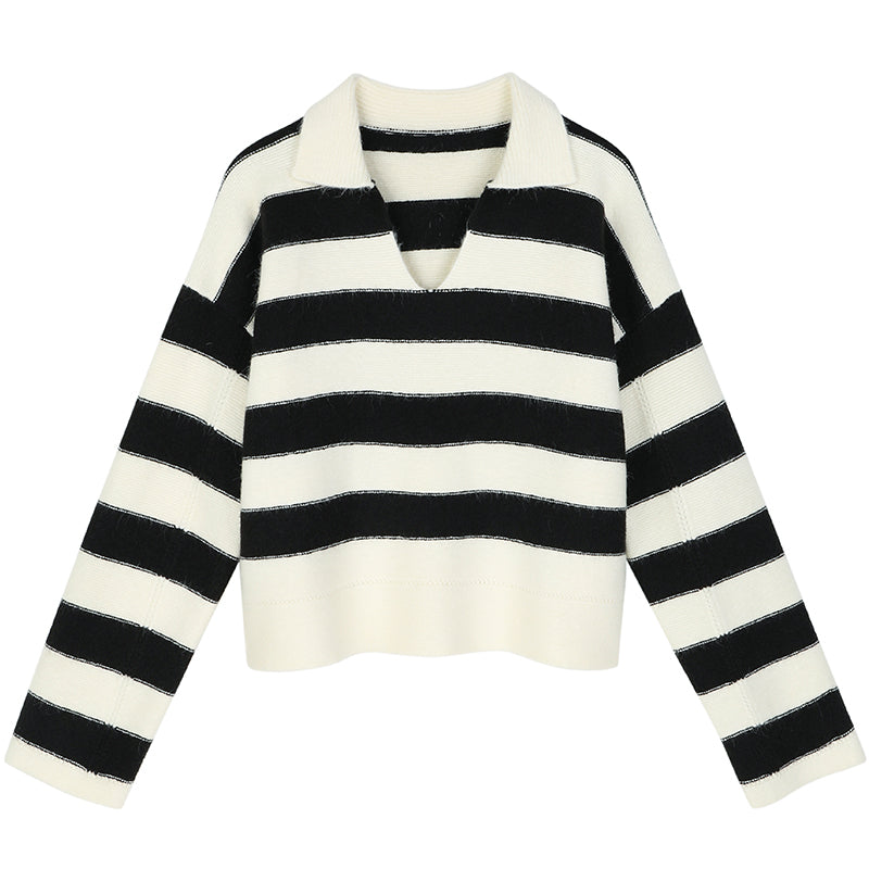 Polo Collar Open V-Neck Striped Sweater