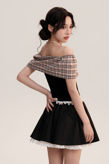 Plaid Off-Shoulder Rib Top And Frilled Zip Skirt