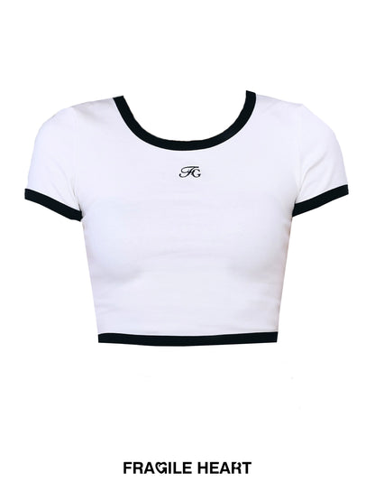 Contrast Color Basic Cropped Fitted Cotton T-Shirt