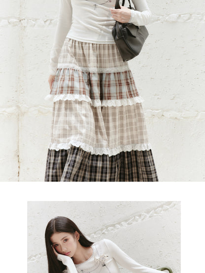 Plaid Patchwork Lace Trimmed Tiered Long Skirt