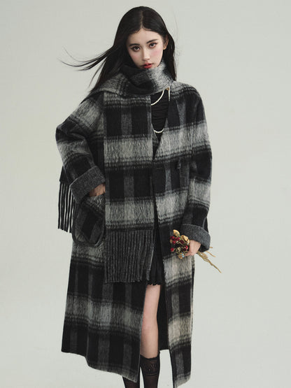 Plaid Collarless Wool Tweed Long Coat