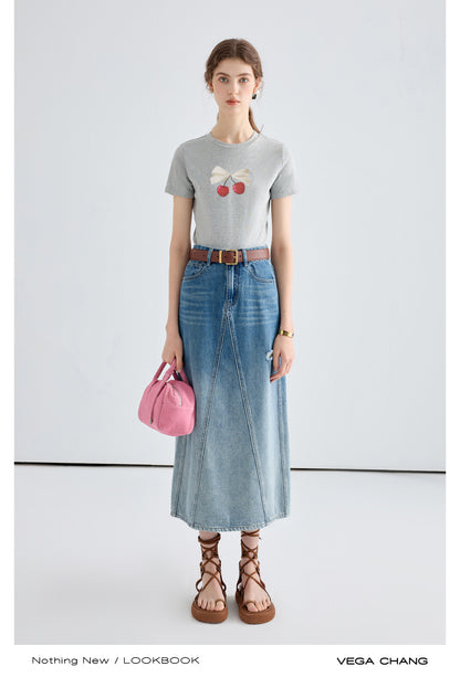 Faux Layered T-Shirt And Long Washed Denim Skirt