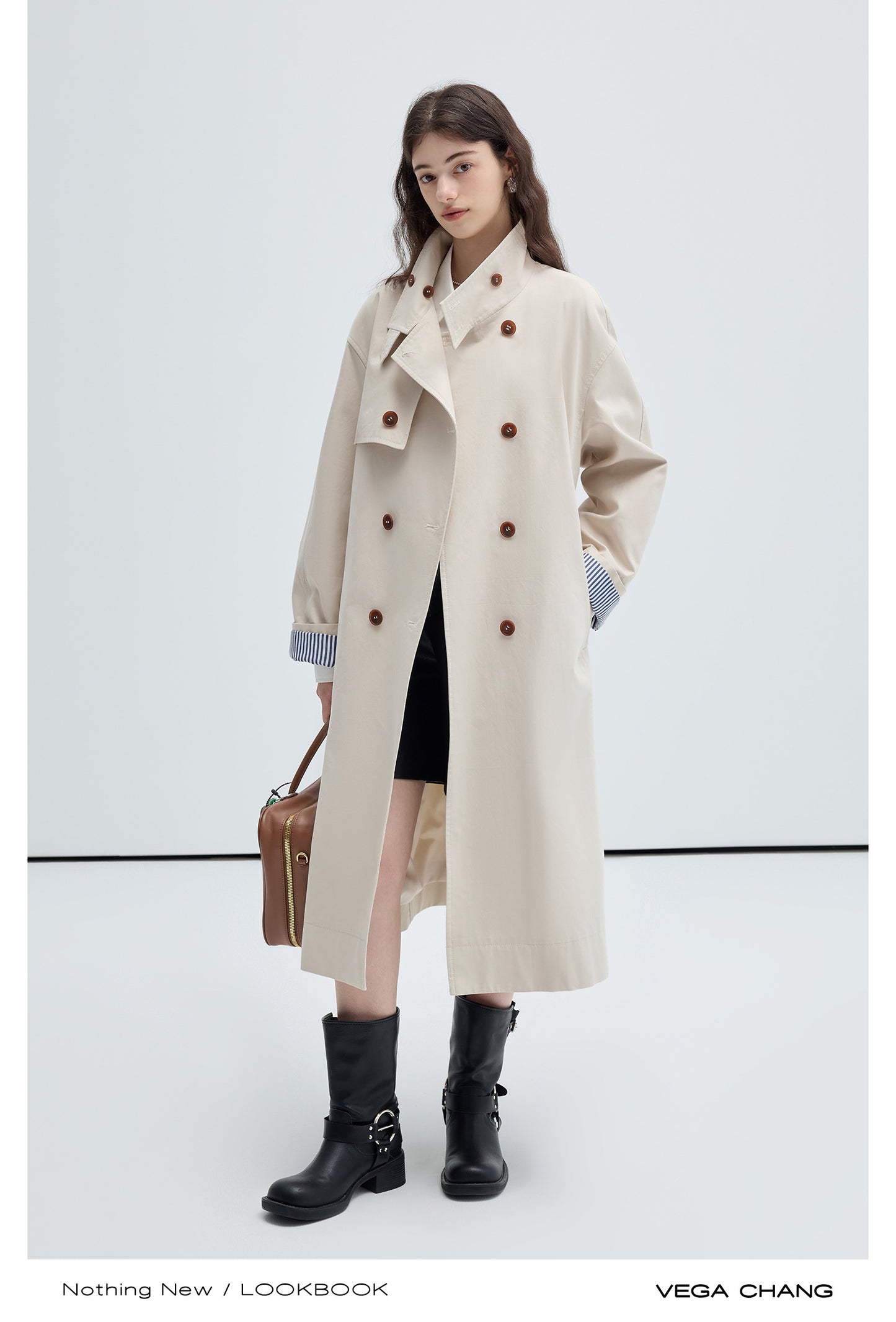 Striped Cuff Stand Collar Classic Trench