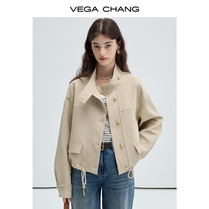 Stand Collar Drawstring Hem Short Jacket