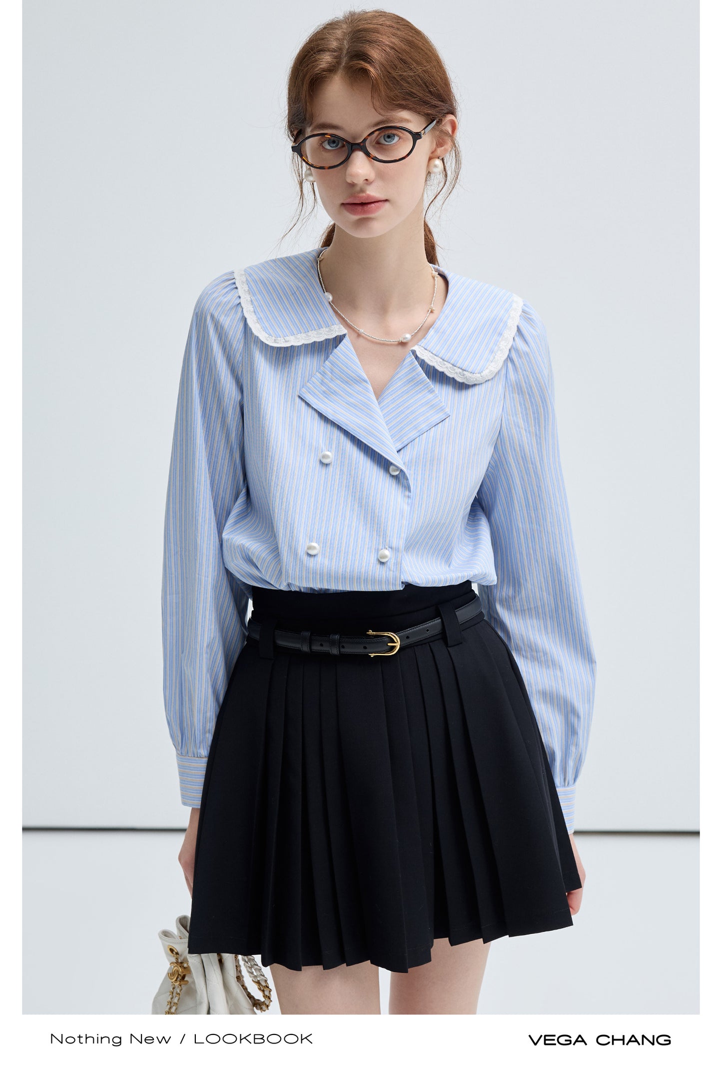 Frilled Round Collar Puff Sleeve Stripe Blouse