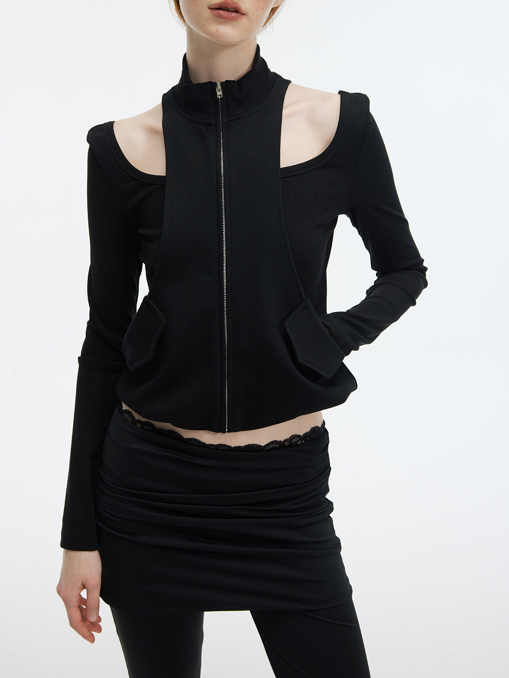 Cut Out High Neck Long Sleeve Fitted Zip-Up Top